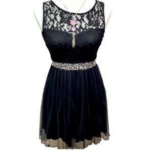 Speechless Lace Netting Bejeweled Waist Black Dress